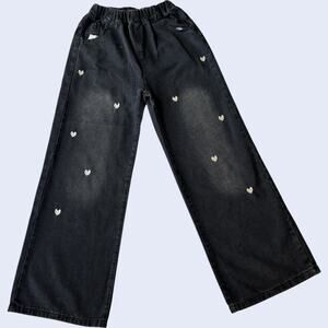 Y2K Black Jeans 22 Waist Gold Heart Embroidery Wide Leg